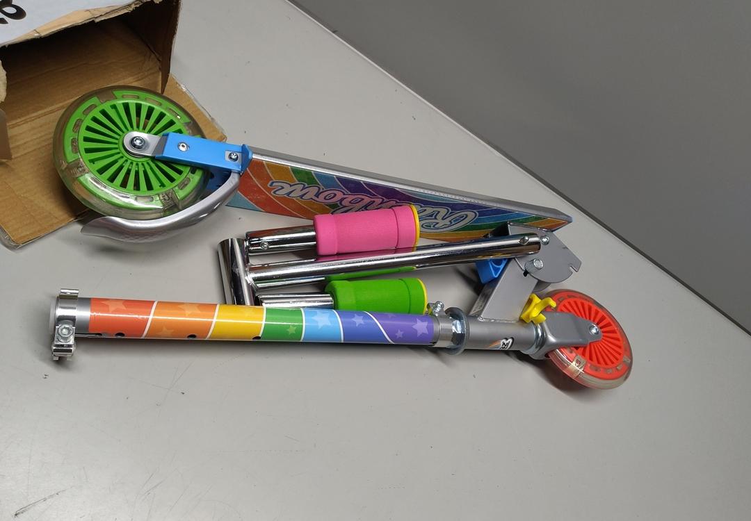 Ozbozz Rainbow Folding Scooter with Light-Up Wheels, Adjustable Height, Rear Brake, for Kids Ages 5 and Up - Portable Design