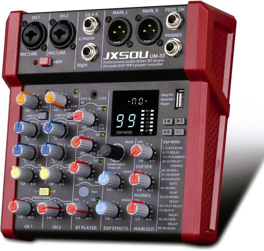 JXSOU 6-Channel Audio Mixer, DJ Controller Sound Board Console with 99 DSP Effects, Bluetooth Mixer Input 48V Phantom Power Stereo USB XLR Mixer For Karaoke Studio PC Recording