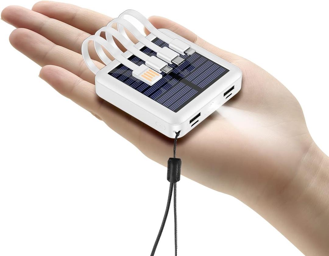 Solar Power Bank 12000mAh,Small Solar Charger Built in 4 Cables,USB C Input/Output,Dual Flashlight External Battery Portable Charger Power Bank for iPhone,Tablet,Samsung (White) Solar Power Bank 12000mAh,Small Solar Charger Built in 4 Cables,USB C Input/Output,Dual Flashlight External Battery Portable Charger Power Bank for iPhone,Tablet,Samsung (White)