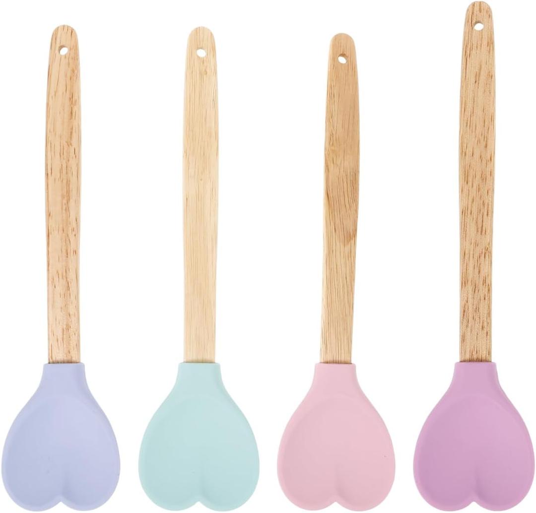 Hemoton 12Pcs Heart Shaped Silicone Spatula Set with Wooden Handles Non-Stick Cooking and Baking Utensils for Mixing Stirring and Serving in Kitchen