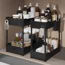 2 Pack Under Sink Organizer, Under Bathroom Cabinet Organizer with Hooks Hanging Cup, Multi-Purpose Storage Shelf for Kitchen Bathroom, Black