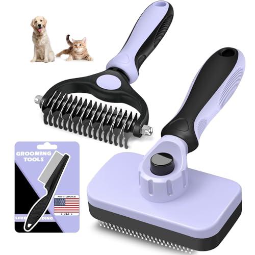 3PCS Self Cleaning Slicker Brush & Pet Grooming Rake & Flea Comb for Dogs,Cats and Horses | Double-Sided Dematting Comb & Skin Friendly Deshedding Grooming Tool | Pet Supplies(Light Purple Black)
