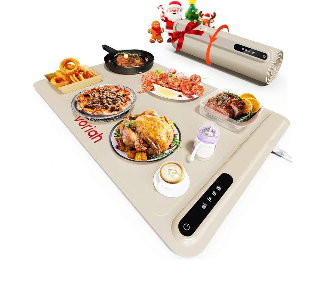 Warming Mat for Food, Voriah Electric Warming Tray with 3 Temp Settings & Auto ShutOff, Food Warmer with Thick Silicone Surface to Keep Food Warm at Buffet, Parties, and Family Use（Apricot）