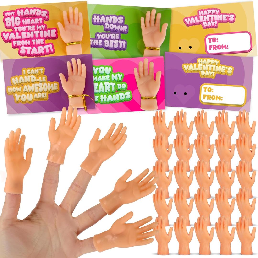 ArtCreativity Valentines Tiny Hands Cards - Set of 28 - Little Hands Valentines Day Cards with Finger Puppets for School Parties, Classroom Gift Exchanges for Kids, Family Fun Party Favors