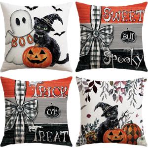 2 x Artscope Halloween Decorative Throw Pillow Covers 20x20 Inch Set of 4, Ghost Trick or Treat Pumpkin Sweet But Spooky Outdoor Farmhouse Pillow Cases for Home Sofa Couch-Orange