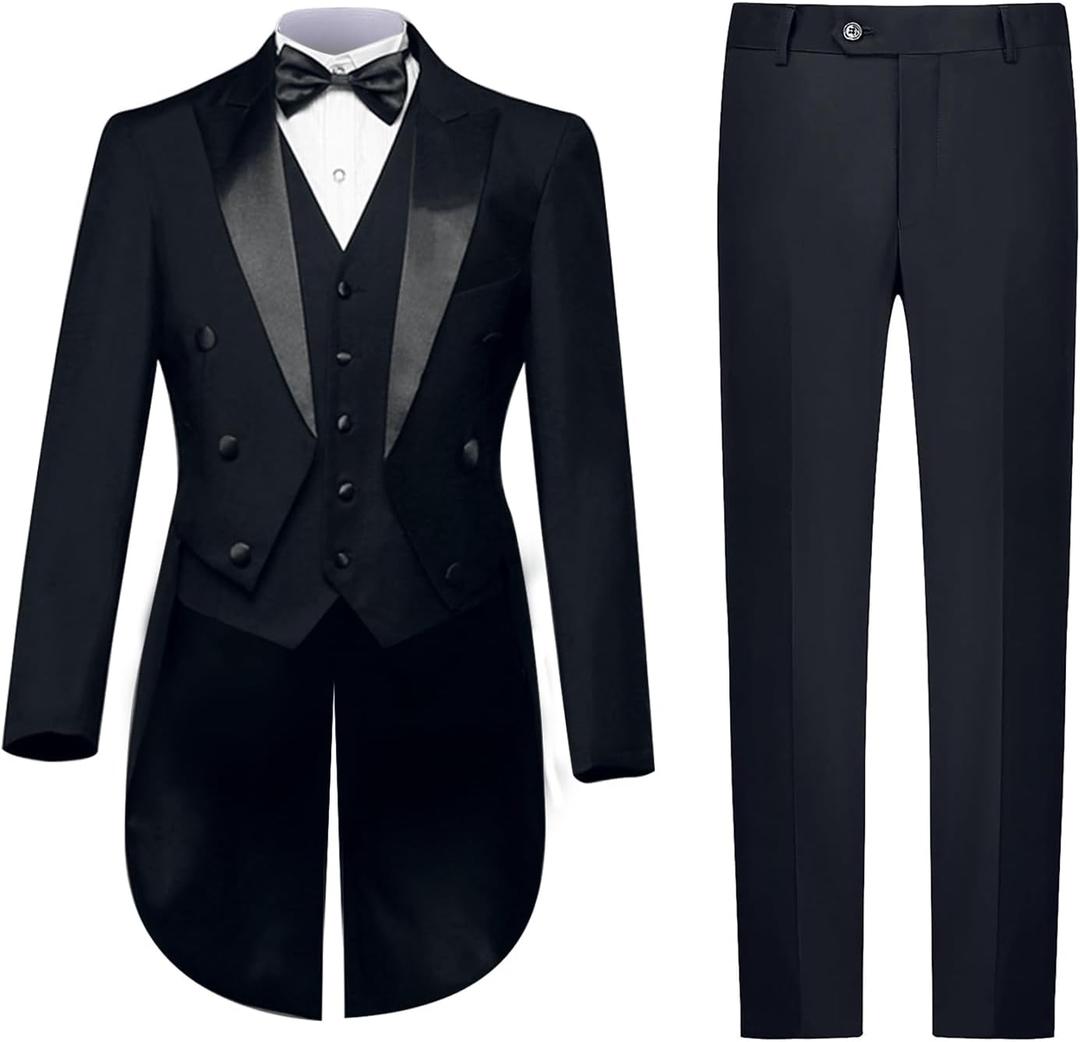Mens Suits 3 Piece Slim Fit,Men's Tailcoat Suit Single Breasted Swallow Tail Coat for Proms,Concert,Wedding (Large, Black)