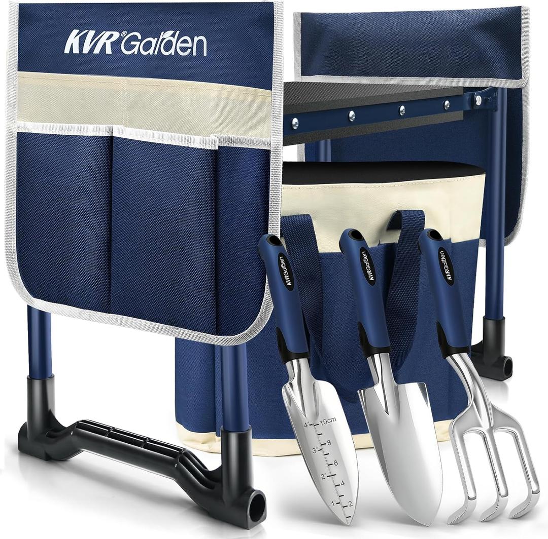 KVR Garden Kneeler and Seat Set 7-Piece Upgraded - Heavy Duty Foldable Bench & Stool with 3 Aluminum Tools, 2 Non-Slip Pouches & Tote Bag - Gardening Chair Gifts for Seniors, Women, Mom