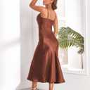 Women's Spaghetti Strap Midi Satin Silk Dresses Slip Cowl Neck Party Cocktail Evening Sexy Dress (Brown, XL)