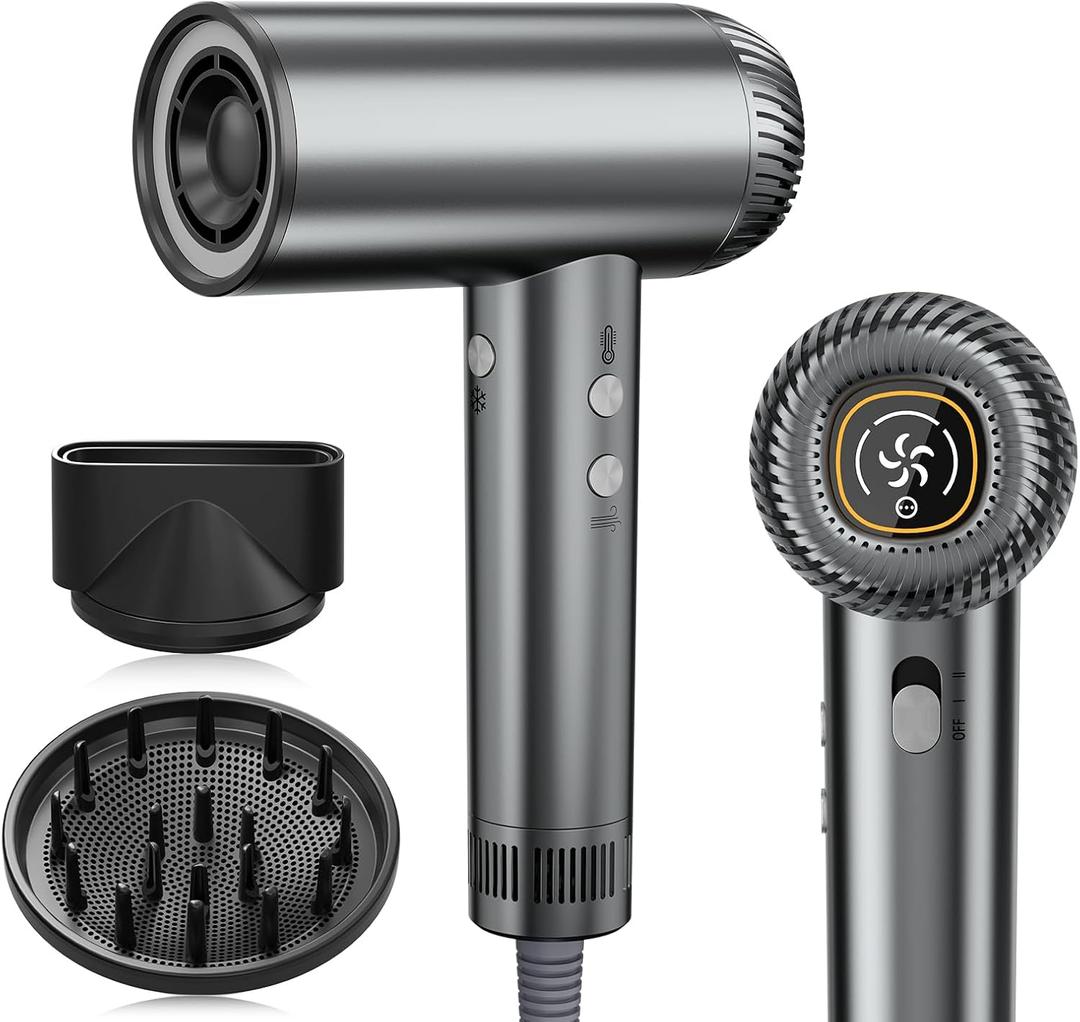 2026 Hair Dryer, 200,000 RPM Professional High Speed Blow Dryer with Diffuser for Women, 1200M Negative Ionic Hair Dryer with Brushless Motor, Low Noise Hair Blow Dryer for Home Travel Salon,Gray