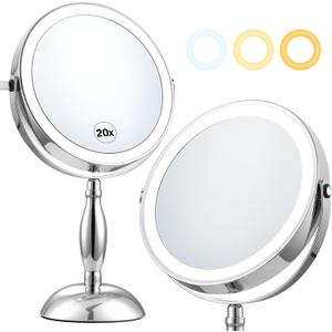 Makeup Mirror with Lights, 20X Magnifying Mirror with Light and STC- Side Charging & Side Touch Switch, Vanity Mirror with 3 Color Light and 2-Side 360 Rotation Double Sided Standing Desk Mirror (Chrome)