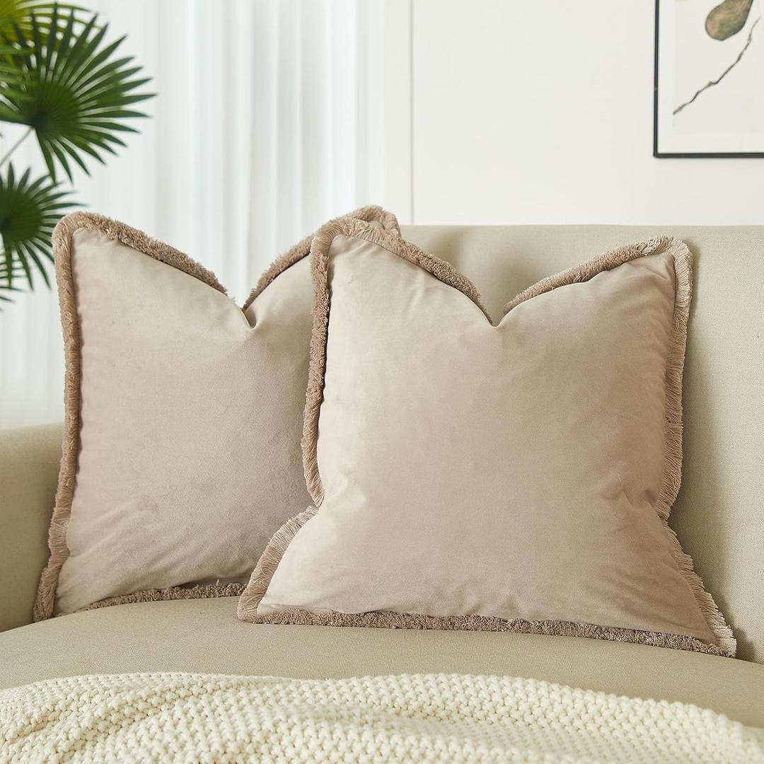 JUSPURBET Champagne Decorative Velvet Fringe Throw Pillow Covers 20x20 Set of 2 Boho Soft Cushion Case for Home Decor Living Room Couch Sofa Bed