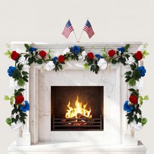 5 ft Red White Blue Flower Garland with Lights for Mantel Patriotic 250th Anniversary 4th of July Garland Decoration Memorial Independence Day Flexible Floral Decor for Door Stair Table
