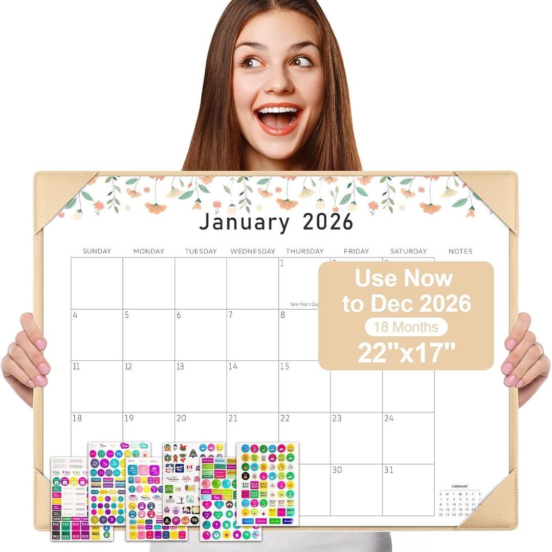 Gannyfer Desk Calendar 2026 with Desktop Mat, Simplified Large 22" x 17" Desktop Pad Calendar, 18 Month Desk Calendar, Use Now to Dec 2026, Office Supplies Perfect for Home School and Office - Apricot(6 Stickers Included)