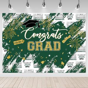 Mocsicka Graduation Backdrop Congrats Grad Green and Gold Graduate Party Decorations Background Class of 2025 Photography Backdrops (10x8ft)