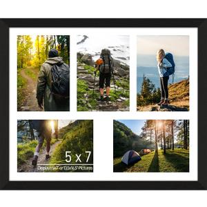 5x7 Picture Frame Collage 5 Openings, 13.5"x16.5" Multi Photo Collage Frame 5"x7" Gallery Wall Decor Wooden, Black Frame with White Mat, Wood