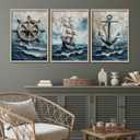 3pcs Vintage Nautical Canvas Wall Art Sailboat Rudder And Anchor Painting Pictures Nautical Coastal Posters Prints Wall Decor Antique Sailboat Nautical Artwork for Home Living Room Bedroom Unframed