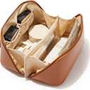 EACHY Travel Makeup Bag for Women, PU Leather Cosmetic Bag, A-Brown, Large Water-resistant PU leather exterior with flat-open access, clear TPU brush compartment and organized storage for cosmetics