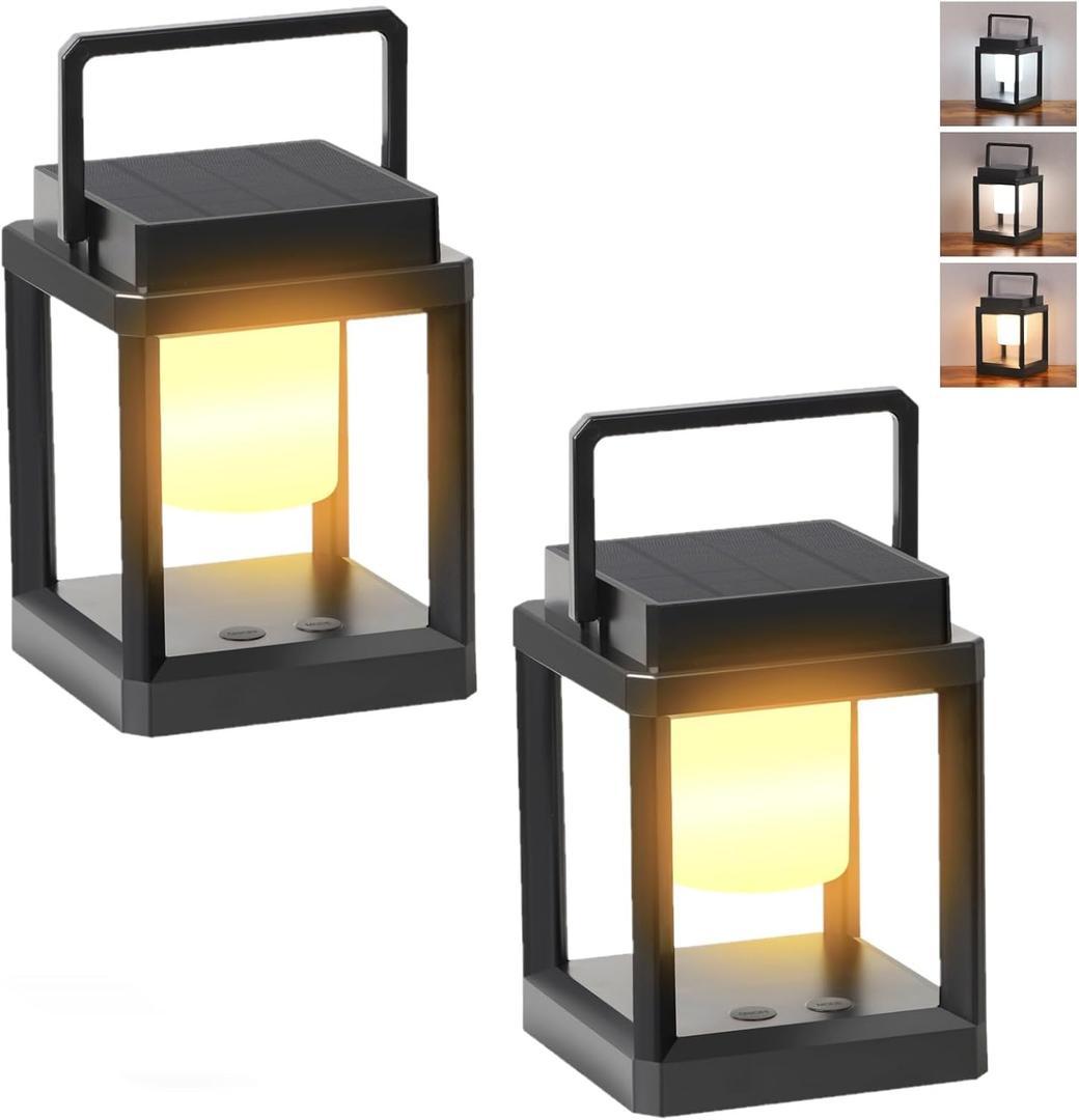Solar Powered Outdoor Table Lamps, Dimmable Waterproof LED Table Lanterns 3000K 4500K 7000K Adjustable & 3 Brightness Levels, Rechargeable Touch Control Table Lights for Outside Porch Patio, 2 Packs