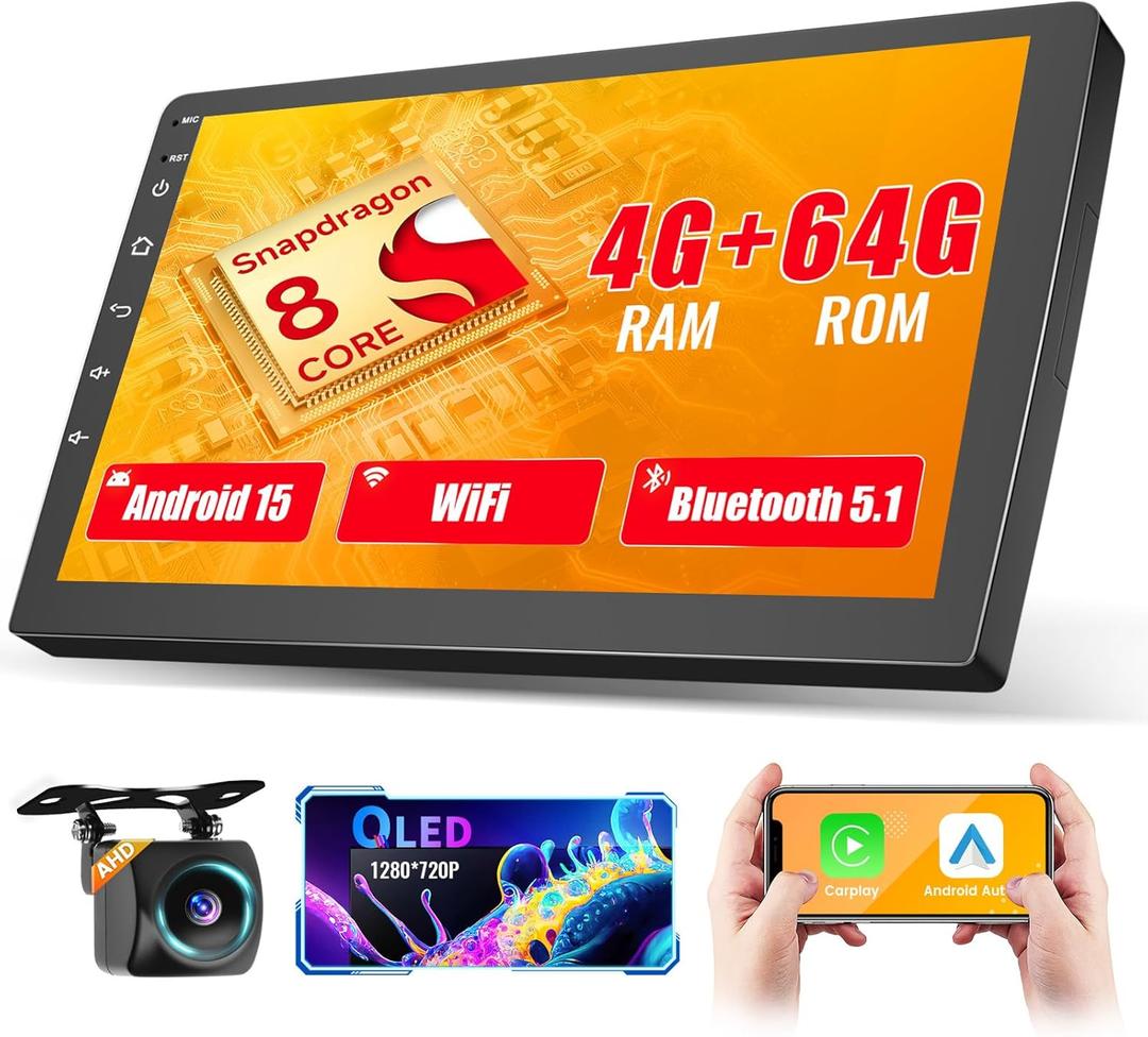 [Qualcomm] Hikity 8 Core 4+64GB Android 15 Double Din Car Stereo Wireless Carplay Android Auto, 10.1 Inch Touchscreen Car Radio with GPS Bluetooth WiFi Backup Cam DSP/FM/RDS SWC Mic