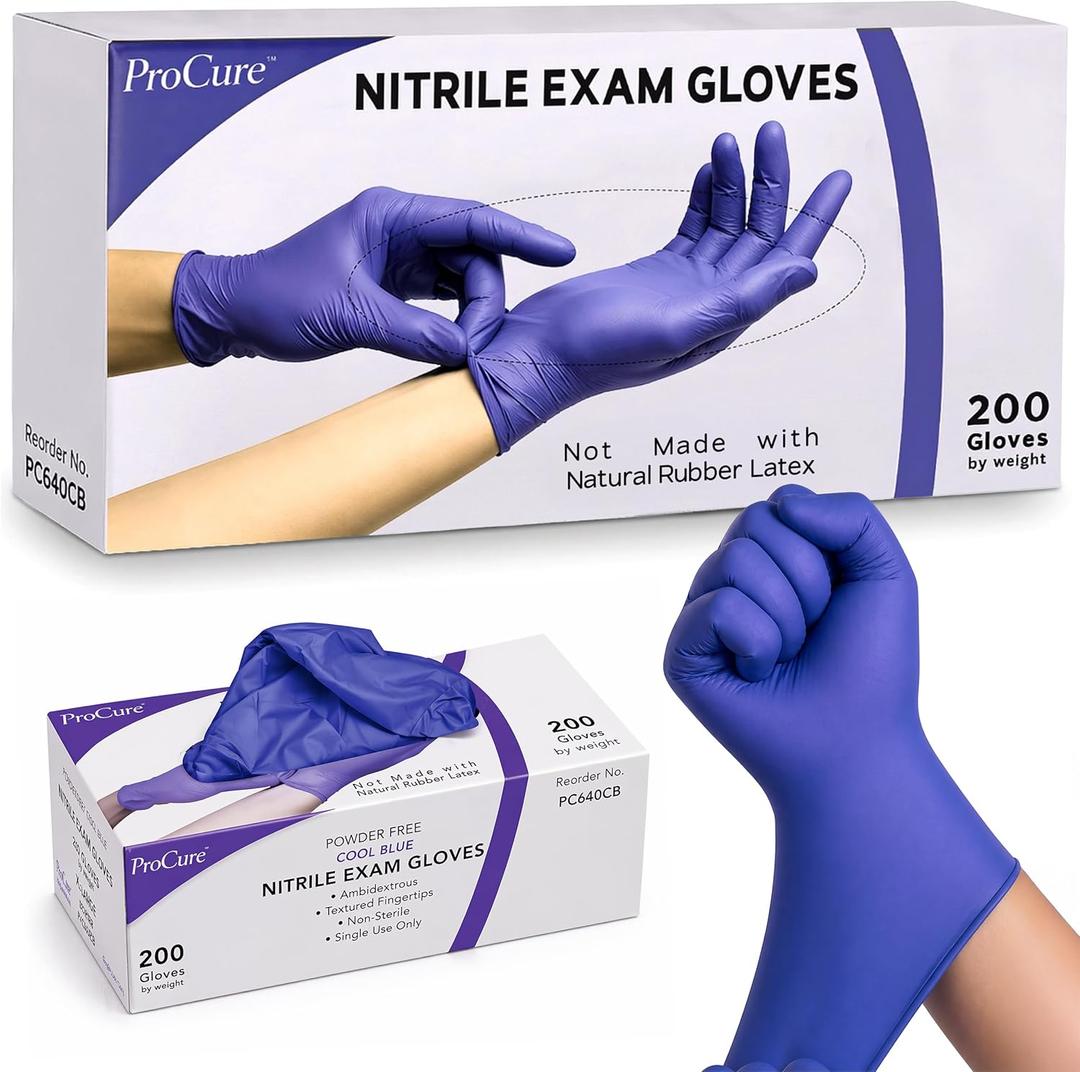 ProCure [200 Count] Disposable Nitrile Gloves - Latex Free, Powder Free Medical Exam Gloves (Blue (Medium))