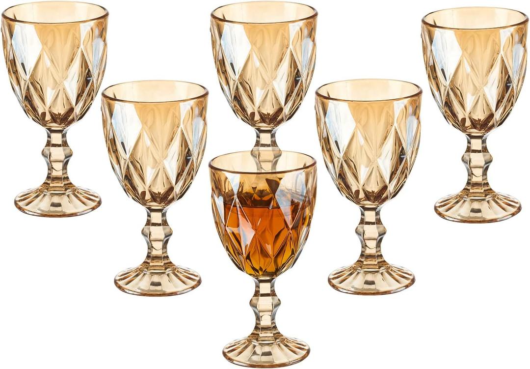 Vintage Wine Glasses Set of 6, 10 Ounce Colored Glass Water Goblets, Unique Embossed Pattern High Clear Stemmed Glassware Wedding Party Bar Glass Drinking Cups Fancy Wine Glasses Amber