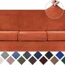 WEERRW 4 Pieces Velvet High Stretch Couch Covers for 3 Cushion Couch Sofa Slipcovers, Washable Furniture Protector with Non Slip Elastic Bottom, Feature Soft and Thick Plush Fabric, Pumpkin, Large