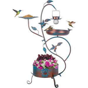 dreamysoul Metal Bird Bath for Outside, Birdbaths Outdoors with Planter and Feeder, Garden Blue Bird Baths with Solar Lights