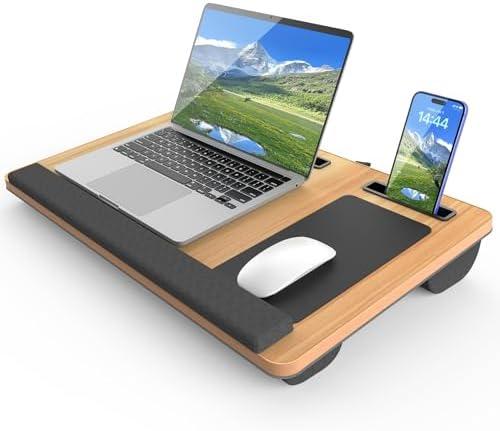 HETTHI Laptop Lap Desk, Portable Large Laptop Desk for Bed, Up to 17 in Lap Table with Wrist Rest, Mouse Pad, Tablet Phone Slot, Portable Handle, Cushion (Light Brown)