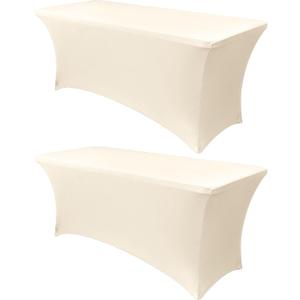 Obstal 8Ft Stretch Spandex Table Cover for Standard Folding Tables - 2 Pack Universal Rectangular Fitted Tablecloth for Party, Banquet, Events, Trade Show (Cream, 96L x 30W x 30H Inches) (8 Ft | 2 Pack)