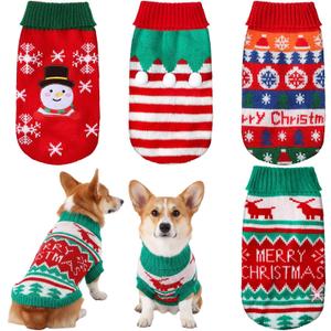 4 Pack Dog Christmas Sweater, Dog Christmas Outfit Holiday Sweater Reindeer Snowman Striped Knitted Clothes for Small Medium Large Doggies Pets(Large)