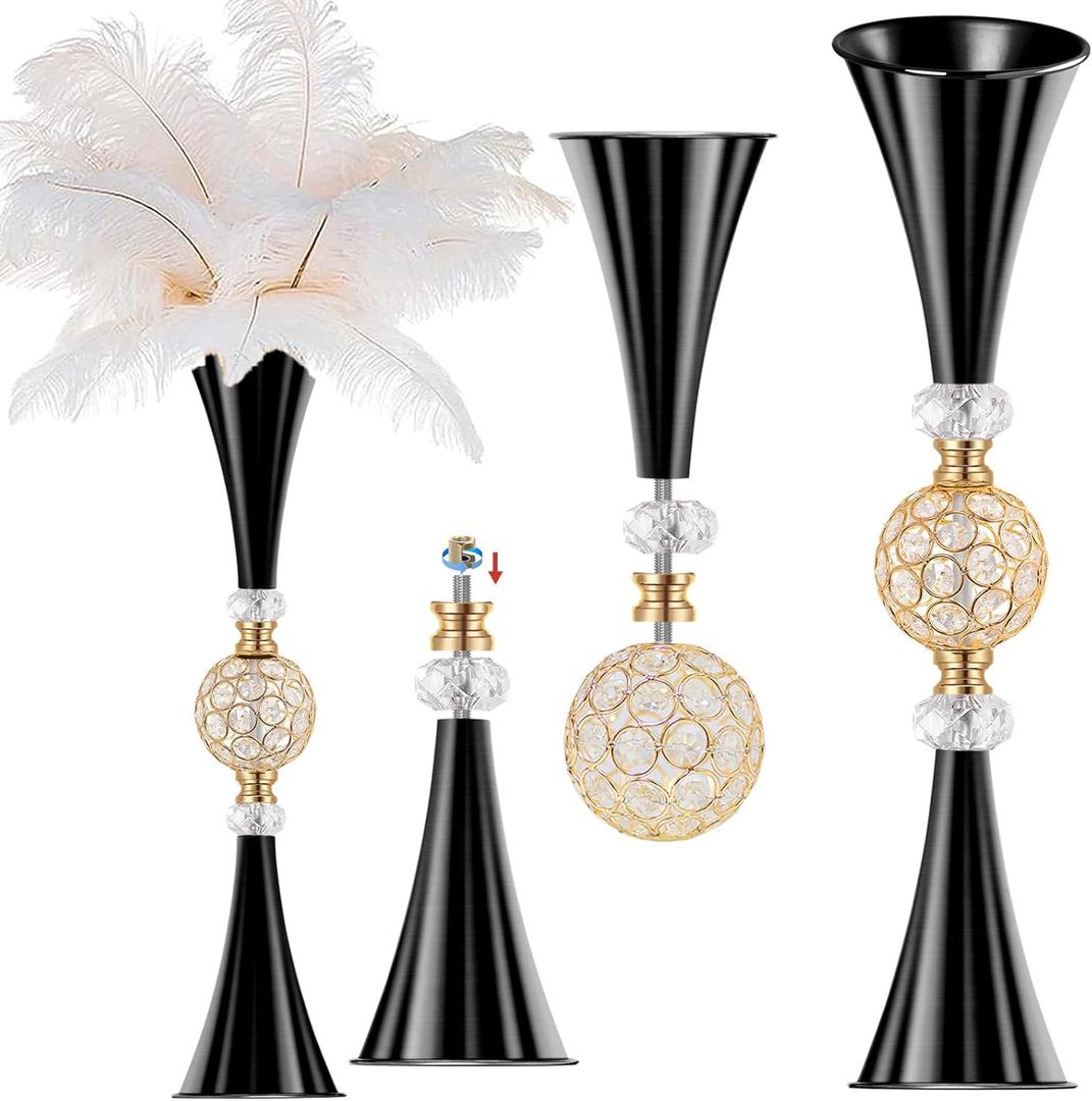 VIJIV Black Crystal Flower Vases for Centerpieces Tables - Tall Trumpet Vase for Bouquet Decorative, Dining Table Dcor Flower Stand with Ribbed Texture for Events, Bridal Showers & Boho Weddings (Tall-23.6IN)