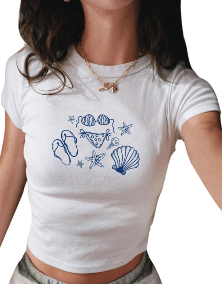 QJQ Women's Letter Graphic Bow Short Sleeve Crewneck Crop Tops Y2K Slim Fit Cute T Shirts Casual Trendy Tees (White, XS)