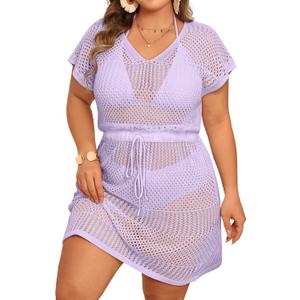Aqua Eve Plus Size Swimsuit Cover Up for Women-Crochet Beach Dress V Neck Tie Waist Bathing Suit Cover Up (Purple)