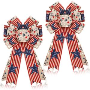 Unittype 2 Pcs Large Patriotic Wreath Bow Decor, 4th of July Wreath Red White Blue Burlap American Flag Star Bow for Indoor Outdoor Tree Topper Independence Day Memorial Day Party Decor,10 x 18 Inch