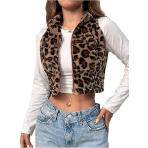 Women's Y2k Leopard Print Cropped Vest Jacket Zip Up Fuzzy Sleeveless Cheetah Outwear (X-Large, Brown)
