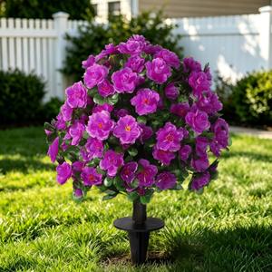 Artificial Silk Flowers Azalea for Outdoor with Ground Spike, Faux Floral Topiaries Ball Bushes Shrubs for Home Garden Yard Patio Decor UV Resistant (Fuchsia)
