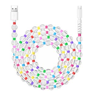 Aolcev USB C Cable 66W Fast USB A to USB C Charging Cable 6.6FT/2M Long Cute Beaded for iPhone Charger Pearl USB Type C Charger Cord for iPhone 16 Pro/16 Pro Max/16 Plus15 Pro Max Plus Transparent