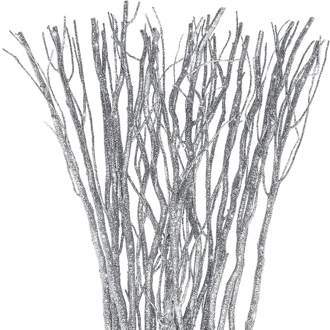 Xinnun 50 Pcs Curly Willow Branches Decorative Dried Willow Vase Filler Tree Branches for Artificial Twigs Sticks for DIY Crafts Christmas Home Decor(Glitter Silver,15.75 Inch)