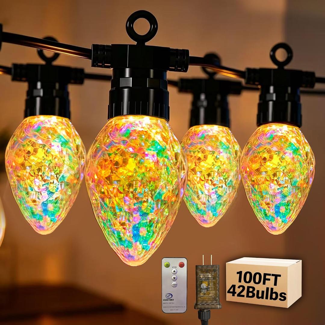 Outdoor String Lights, 100FT 42 LED Iridescent Holographic Bulbs, Waterproof Patio Lights with Remote Control, Shatterproof Connectable Lights for Backyard, Porch, Garden, and Party
