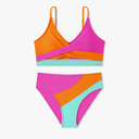 Girls Swimsuit V Neck Bikini Set Bathing Suits Color Block Two Piece Swimsuits, Size 13-14 Years