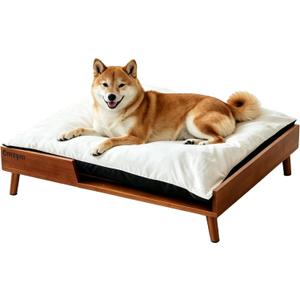 Elevated Dog Bed, Reversible Warm & Cooling Cushion, 24"x19" Mid-Century Modern Solid Wood Elevated Pet Bed Frame, Easy Assembly Raised Dog Bed for Medium Dogs Natural Wood