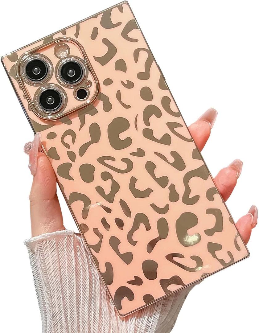 KERZZIL Elegant Compatible with iPhone 14 Pro Max Rectangle Edge Case, Cute Luxury Leopard Pattern Plating Case Camera Protector Soft TPU Shockproof Protective Corner Back Cover(Pink)
