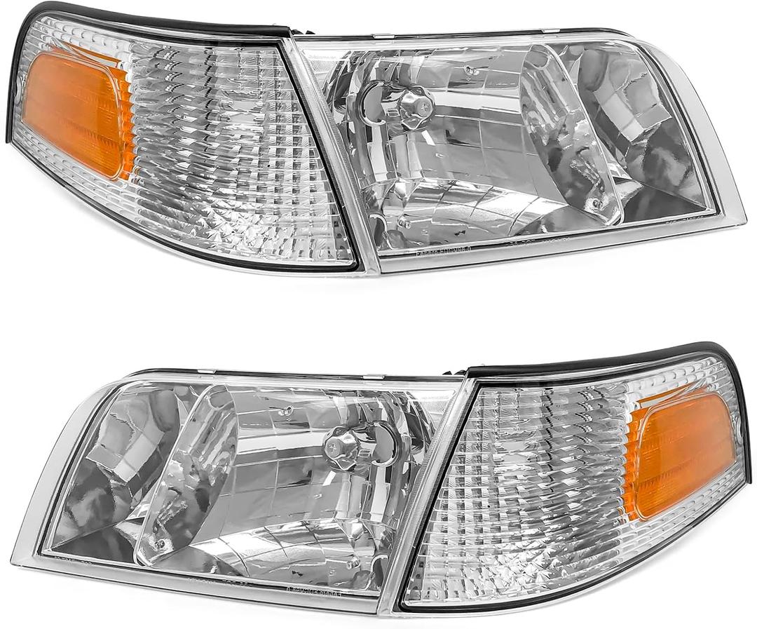 Headlight Assembly Pair for 1998-2011 Ford Crown Victoria Chrome Housing Amber Reflector Replacement W/O Bulbs