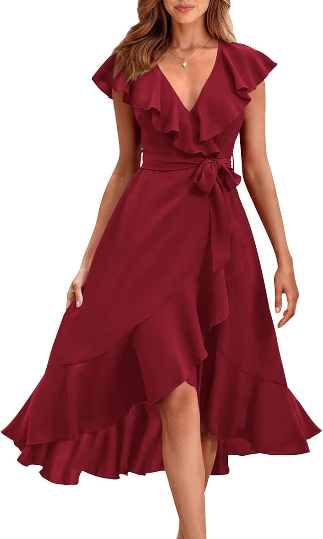 RETTYGARDEN Women's 2026 Summer Cross Midi Dress Casual Boho Deep V Neck Short Sleeve Ruffle Hem Split Beach Long Dresses (Red, S)