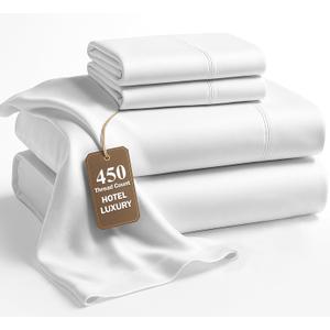 LANE LINEN Queen Sheet Set - 450 Thread Count Premium Soft Long Staple 100% Cotton Sheets, Hotel Luxury Sateen Silky Finish, Snug Fit 15" Deep Pocket, Low Pill, Machine Washable - White