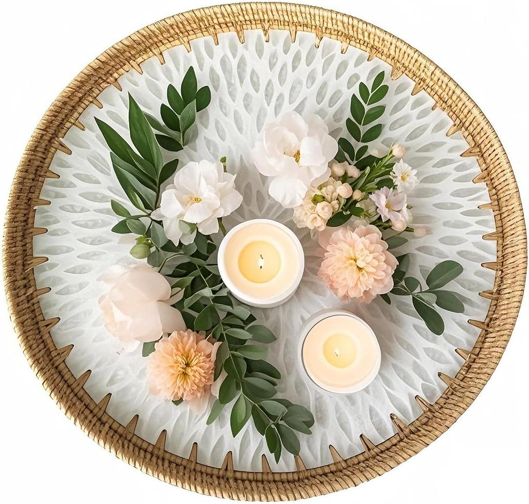 i-lan 16 Inch Round Mother of Pearl Inlay Rattan Platter Tray,Rattan Coffee Bread Serving Tray with MOP Inlay Wooden Base,Decorative Wicker Basket for Table Decor,Storage of Fruit,Candy