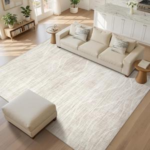 WITSHOCK Washable Rugs 8x10 Modern Area Rugs, Thin Rug for Living Bedroom Dining Room Nursery Kitchen Office, Wave Striped Rugs Indoor Carpet Soft Non Slip Stain Resistant Home Decor, Beige