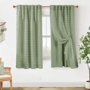 63 Inch Length Blackout Curtains for Bedroom,Boho Pom Pom Black Out Sage Green Room Darkening Back Tab Double Layer Curtains for Girls Room Nursery 63 Inch Long 2 Panels Set, 50"W x 63"L