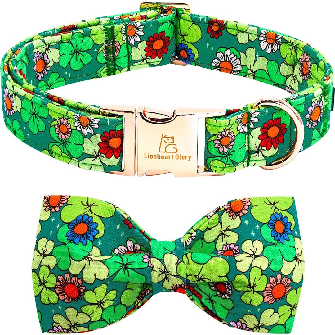 Lionheart glory St.Patrick's Day Dog Collar-Lucky Clover Shamrock Dog Bow Collar for Medium Dogs Spring Green Trefoil Collars with Bowtie Adjustable Heavy-Duty Puppy Collars Pet Gift Girl Boy