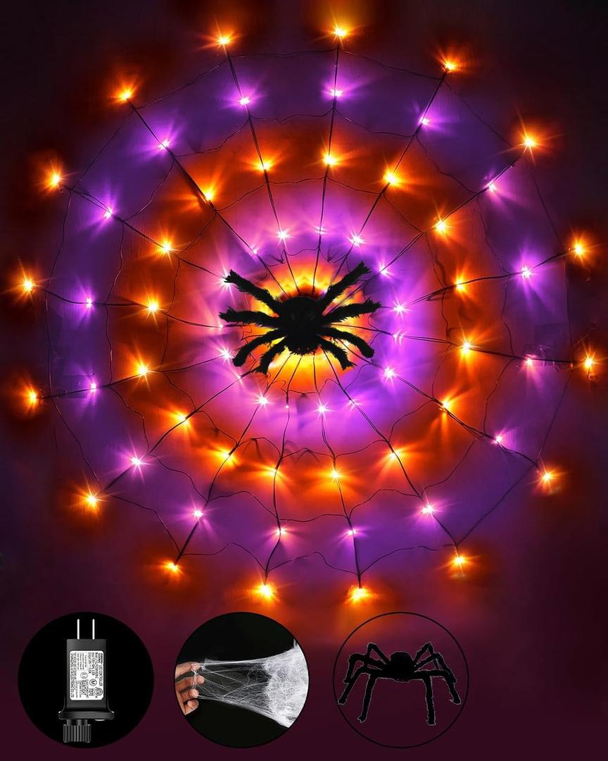 Halloween Decorations Spider Web Lights String Light for Home, 4.9FT 96LED Waterproof Plugin Net Lights with 8 Modes & Timer, Light Up for Party Indoor Outdoor Garden Yard Haunted House(Orange Purple)